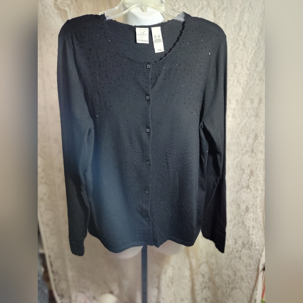 Emma James Rich Black Beaded Button-Up Cardigan And Tank Matched Set